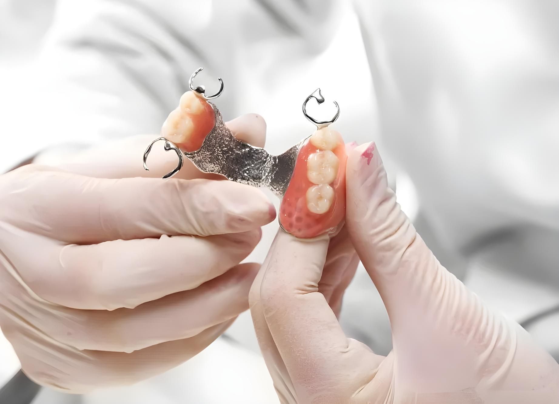 A Person Wearing Gloves is Holding a Denture in Their Hands — Jaw Gear Dental Prosthetics in Bowral, NSW
