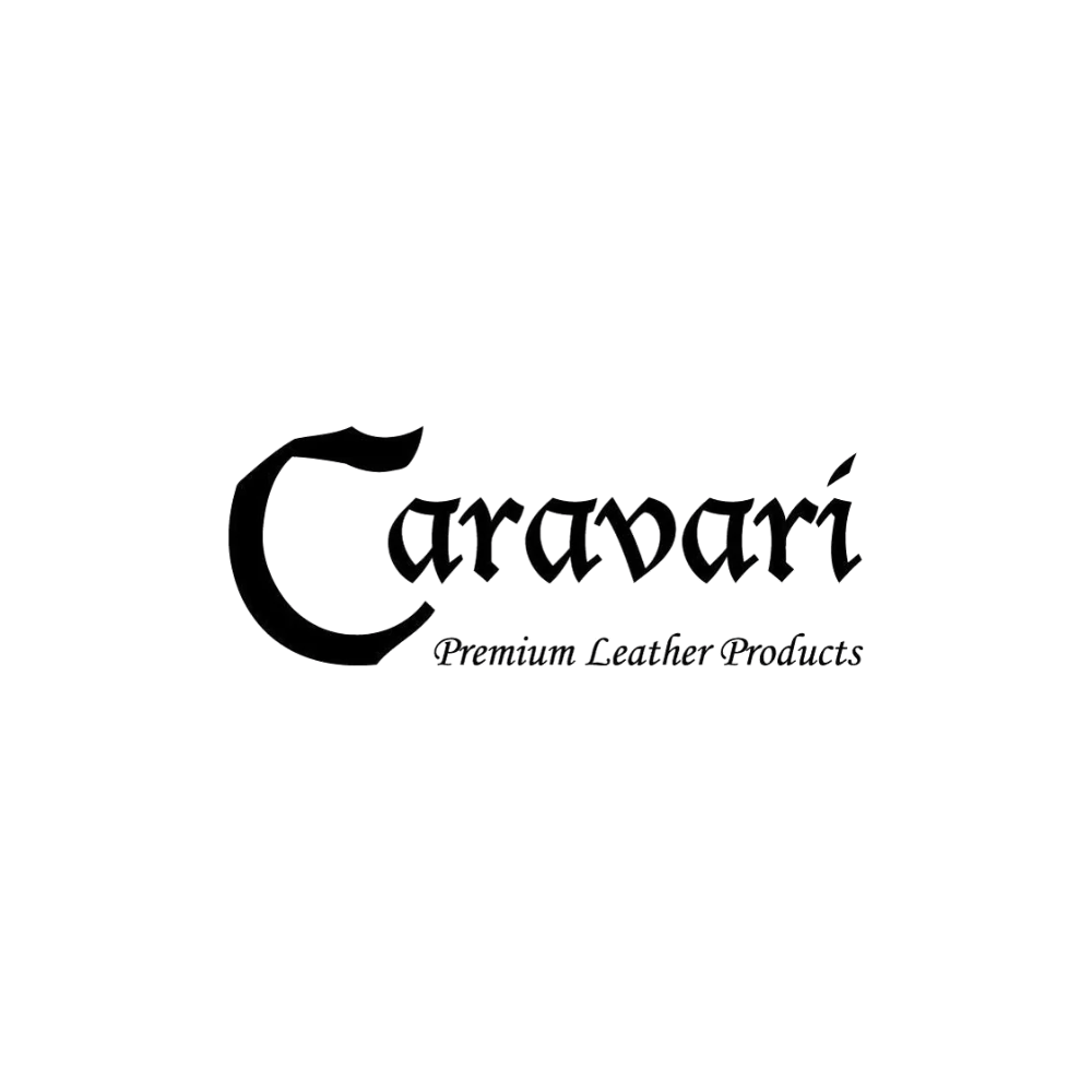 A black and white logo for a company called caravari premium leather products.
