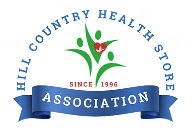 Logo for Hill Country Health Store Association with green figure, red flower, blue ribbon, and “Since 1996”