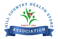Logo for Hill Country Health Store Association with green figure, red flower, blue ribbon, and “Since 1996”