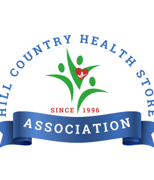 Hill Country Health Store Association logo with green figure, red heart, and blue ribbon banner