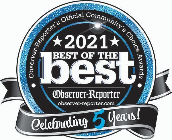 2021 Best of the Best Observer-Reporter award badge, black and blue with silver ribbon, celebrating 5 years