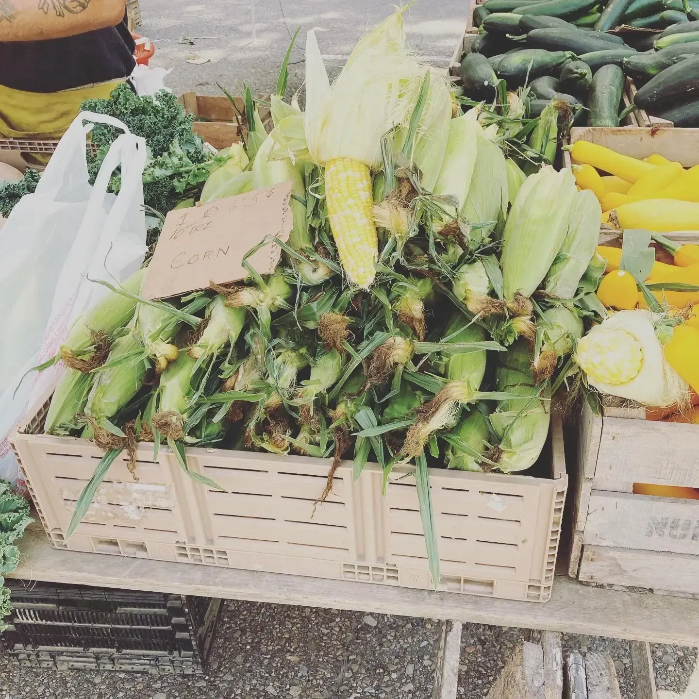 Crates of fresh corn and green vegetables at an outdoor market stand