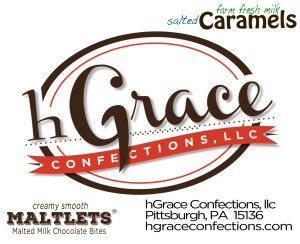 HGrace Confections, LLC logo with red ribbon and caramel-themed branding; Malted Milk Chocolate Bites text
