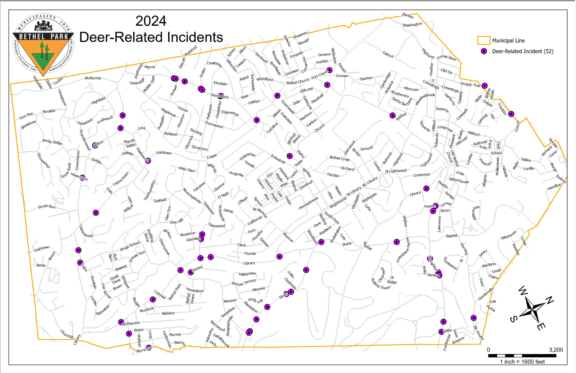 Map titled “2024 Deer-Related Incidents” showing incident points across a county road map.