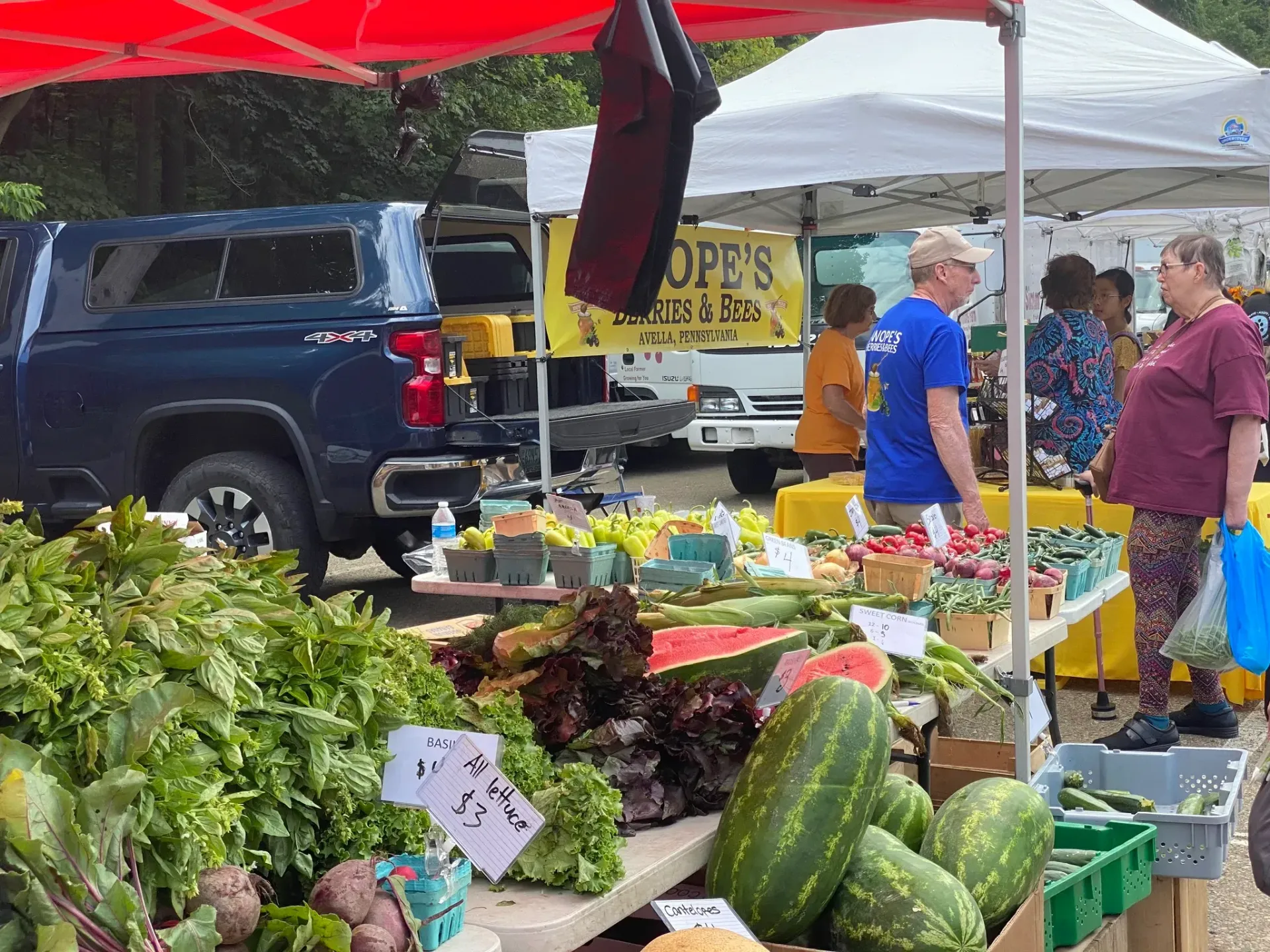 Farmers market stall with fresh vegetables under red and white tents, shoppers browsing nearby