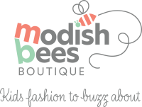 Modish Bees Boutique logo with colorful bees and the tagline “Kids fashion to buzz about”