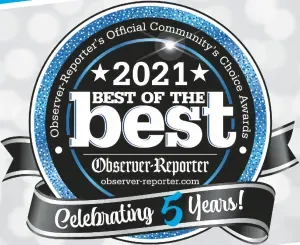 “2021 Best of the Best” Observer-Reporter award badge with “Celebrating 5 Years!” ribbon