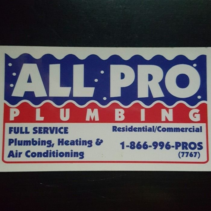 All Pro Plumbing service sign in blue, red, and white with phone number and residential/commercial listing