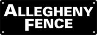 Allegheny Fence white logo on a black sign with corner bolts