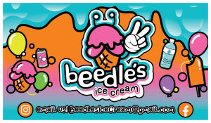 Colorful Beedle’s Ice Cream logo with cartoon cone, peace sign, sweets, and contact details on turquoise background