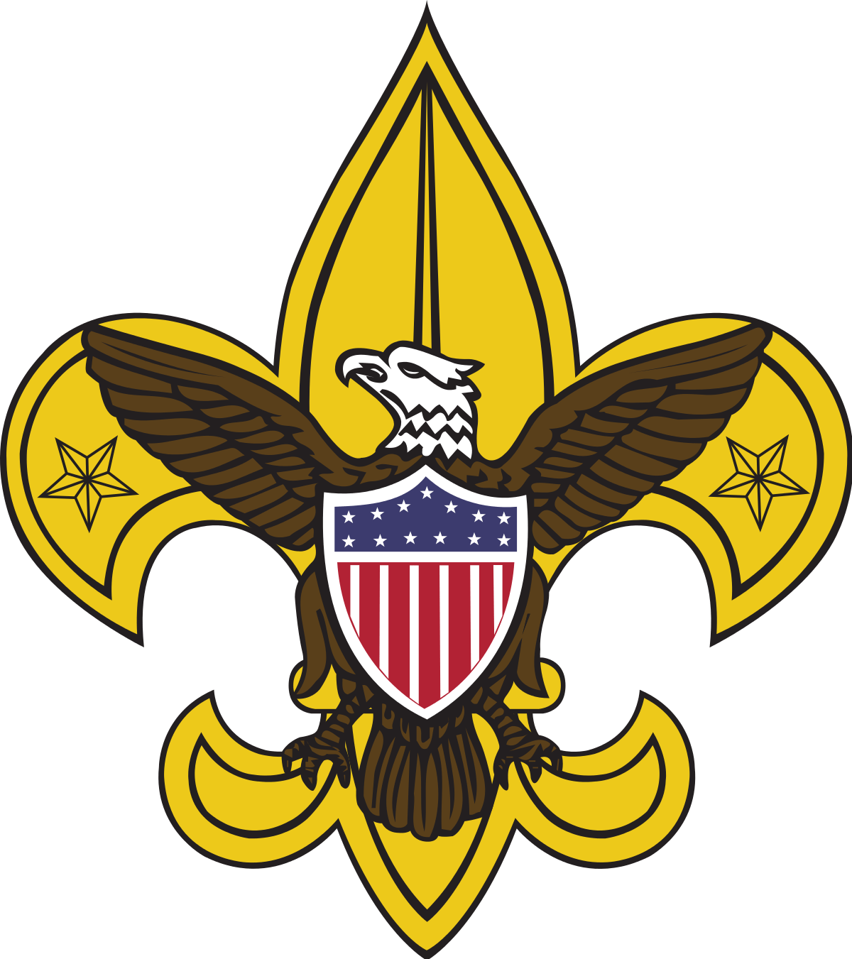 U.S. Eagle Scout emblem with bald eagle, fleur-de-lis, and shield in gold, brown, red, white, and blue