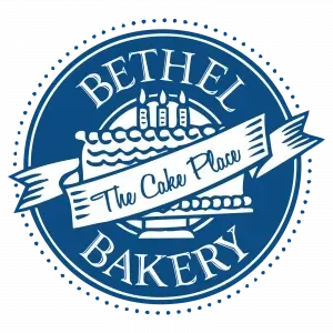 Blue circular Bethel Bakery logo with a cake illustration and “The Cake Place” banner