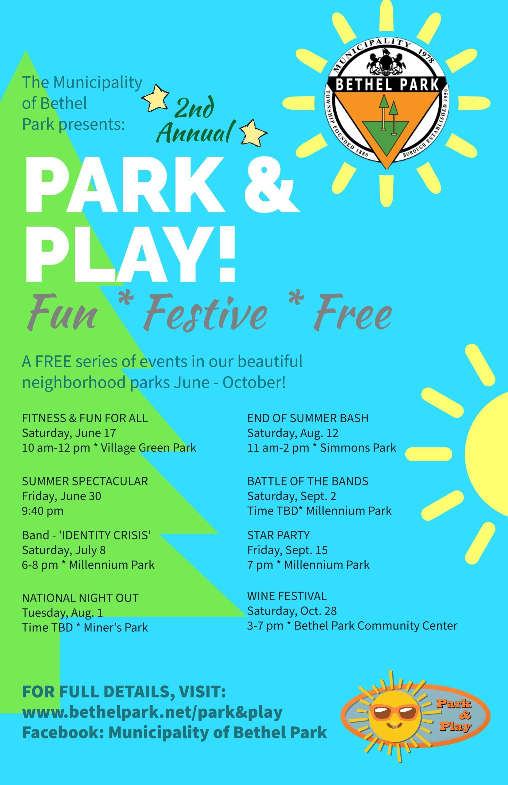 Colorful “Park & Play!” event flyer with blue background, sun graphics, and schedule details