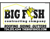 Big Fish contracting company logo with roof outline, fish mascot, and roofing, siding, gutters contact info