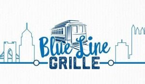 Blue Line Grille logo with blue train, city skyline, and bridge illustration
