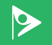 White abstract person icon in a green triangular play button on a green background