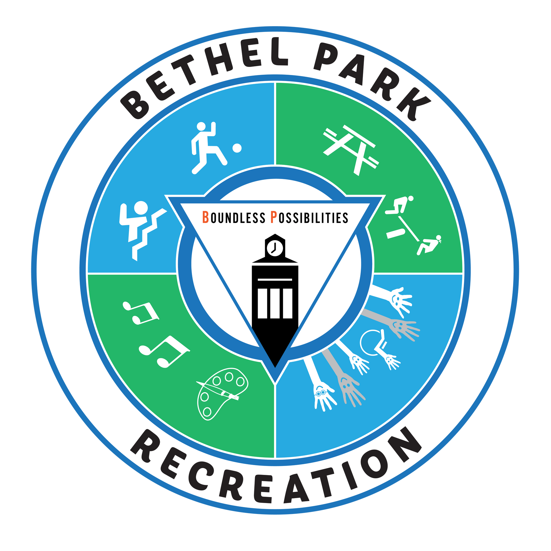 Bethel Park Recreation logo in blue and green with sports icons and a central clock tower emblem