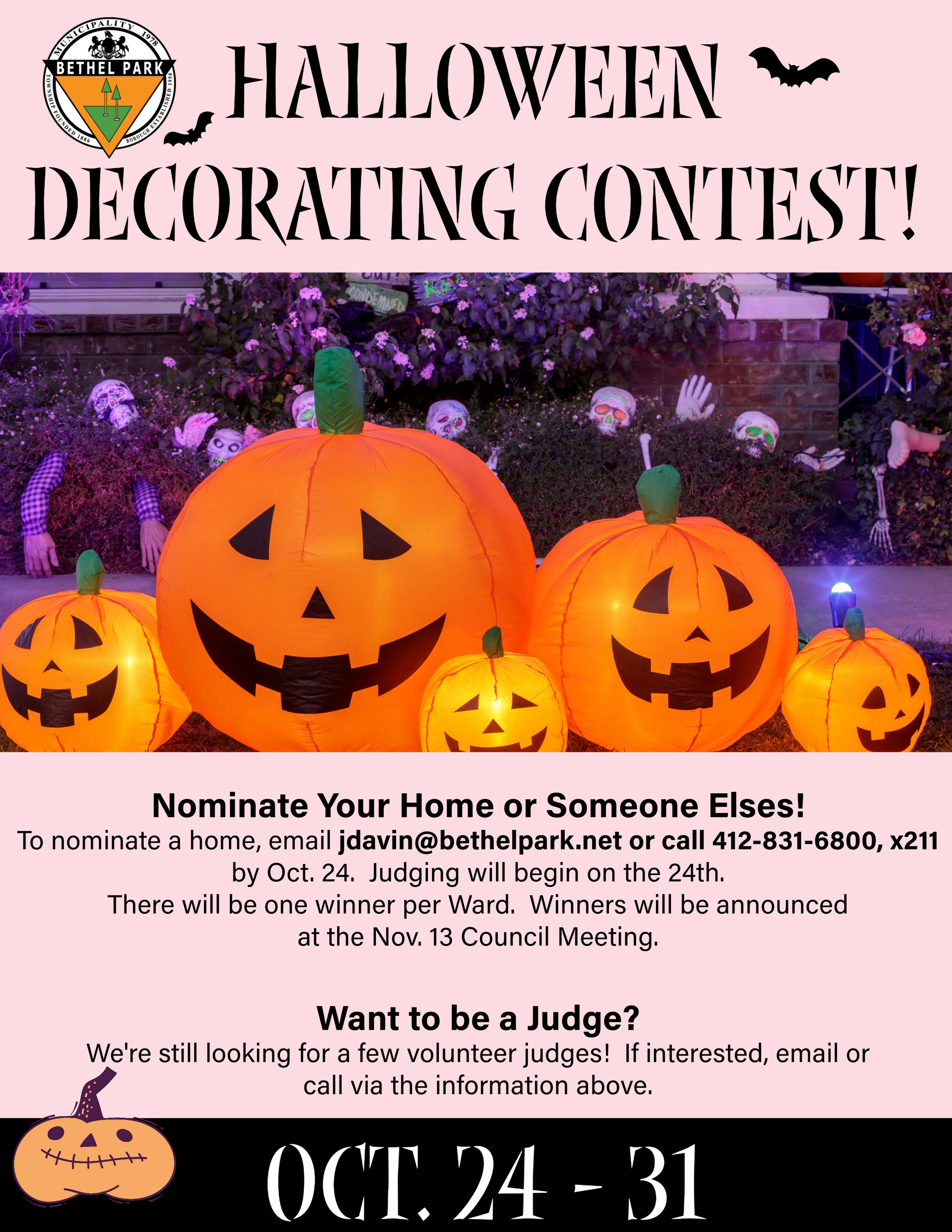 Halloween decorating contest flyer with glowing jack-o’-lanterns and event dates Oct. 24–31