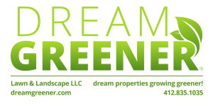 Dream Greener lawn and landscape LLC logo with green leaf and website text