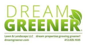 Dream Greener lawn and landscape LLC logo with green leaves, website, slogan, and phone number