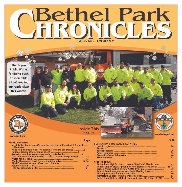Bethel Park Chronicles newspaper front page with a group in neon shirts and orange-toned headlines
