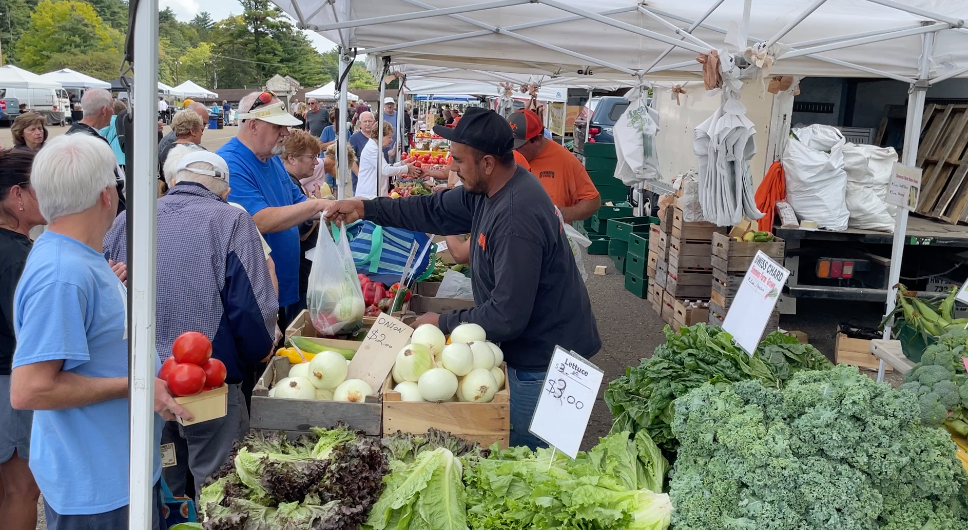 Outdoor farmers market with shoppers browsing fresh produce under white tents
