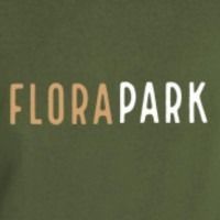 FLORAPARK logo in tan and white on an olive green background