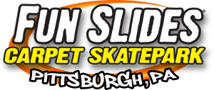 Fun Slides Carpet Skatepark logo in white, yellow, and black with Pittsburgh, PA text