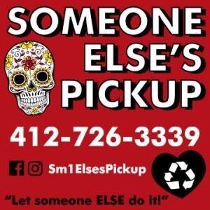 Red poster for “Someone Else’s Pickup” with skull graphic, phone number, social icons, and “Let someone else do it!”