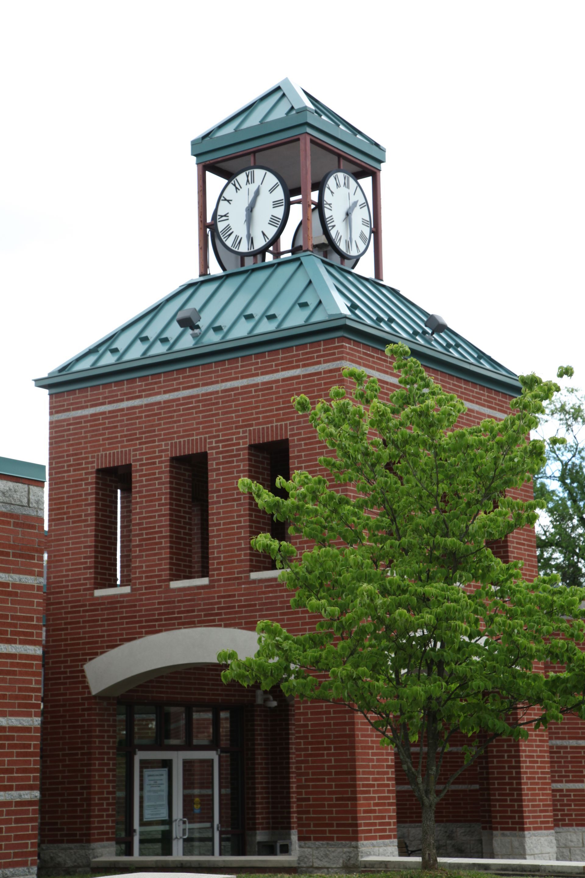 Brick clock tower with a green roof and white clock faces, partly hidden by a leafy tree