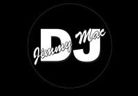 Black circular logo with white “DJ” letters and cursive “Jimmy Mac” text across the center.