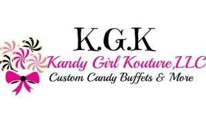 K.G.K Kandy Girl Kouture LLC logo with pink bow and black swirls, “Custom Candy Buffets & More” text