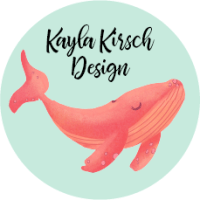 Kayla Kirsch Design logo with a pink whale on a mint green circle