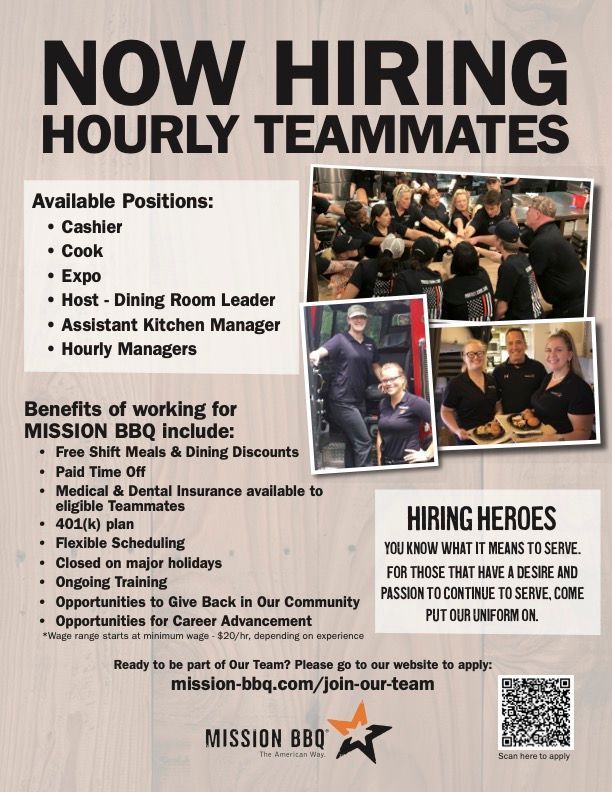 Now hiring hourly teammates flyer for Mission BBQ with team photos and benefits listed