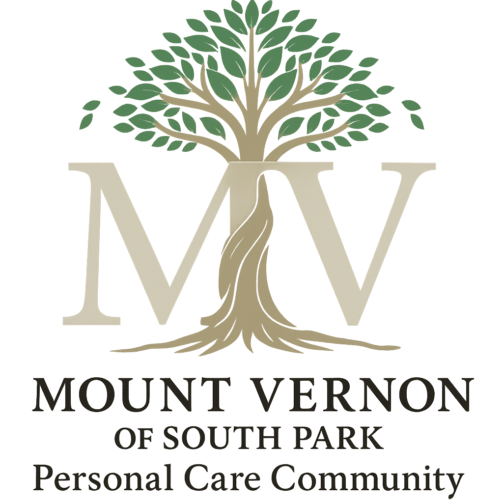 Mount Vernon of South Park Personal Care Community logo with tree and intertwined MV initials