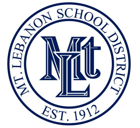 Mt. Lebanon School District circular logo in blue and white, marked Est. 1912