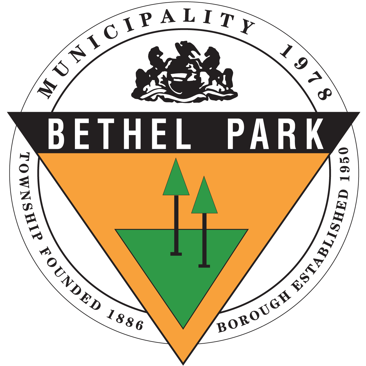 Bethel Park municipality seal with orange triangle, green trees, and black-and-white border text.