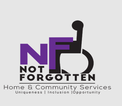 NF Not Forgotten Home & Community Services logo in purple, black and gray with the tagline “Uniqueness Inclusion Opportunity.”