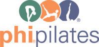 Phi Pilates logo with orange text and three colored circles showing exercise silhouettes