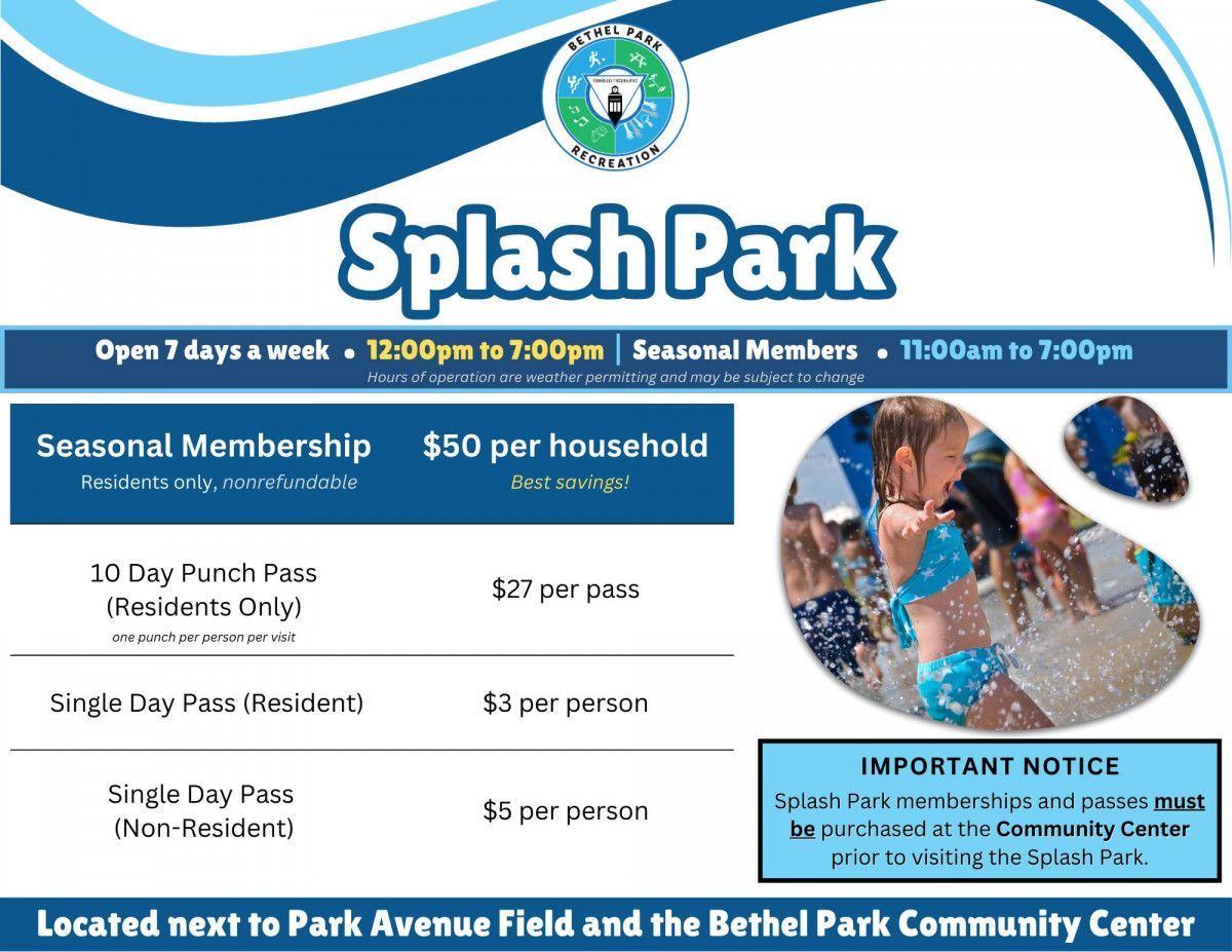 Splash Park poster with hours, membership and day-pass pricing, blue water-themed design, and pool photos