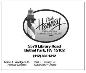 Business card for Paul Hemey Cremation & Funeral Tributes, Inc., Bethel Park, PA, with lighthouse logo and phone number.