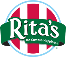 Rita’s Ice Custard Happiness logo with green banner over red and white vertical stripes