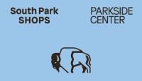 South Park Shops and Parkside Center logos beside a black bending figure on a light blue background
