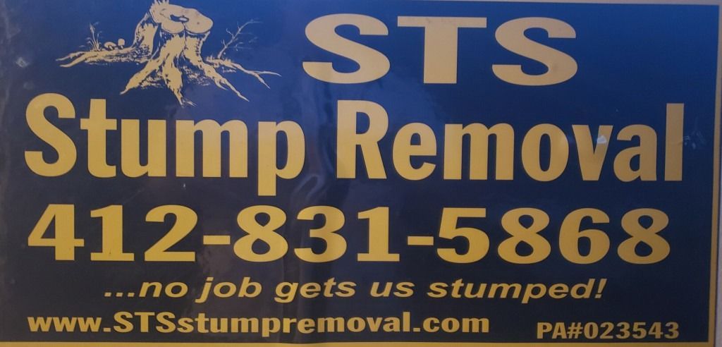 Blue and gold STS Stump Removal sign with phone number 412-831-5868 and website