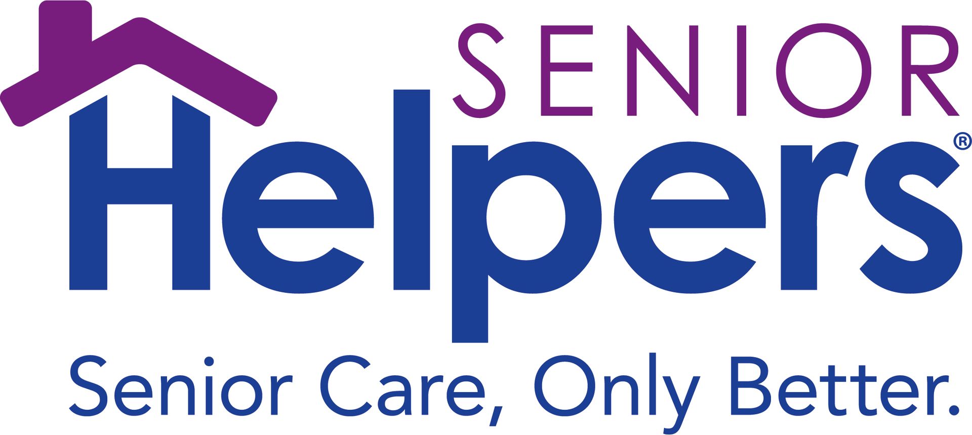 Senior Helpers logo with purple roof icon and blue text, tagline: “Senior Care, Only Better.”