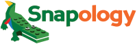 Snapology logo with green dinosaur-shaped LEGO brick and orange and green text