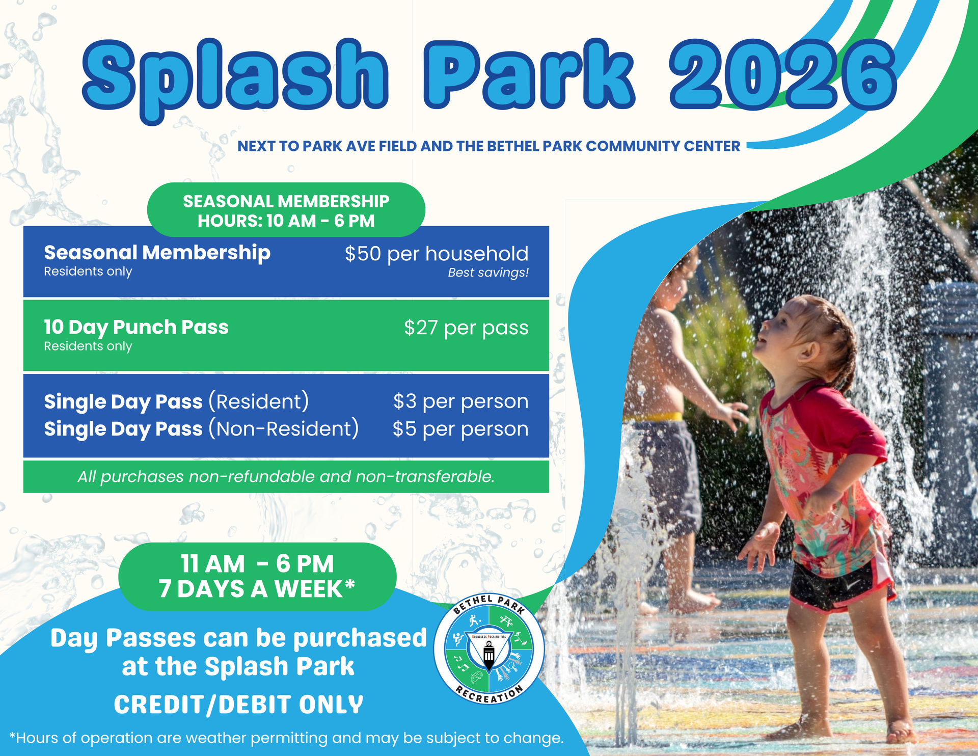 Splash Park 2026 poster with pricing, hours, and a child playing in a water splash area
