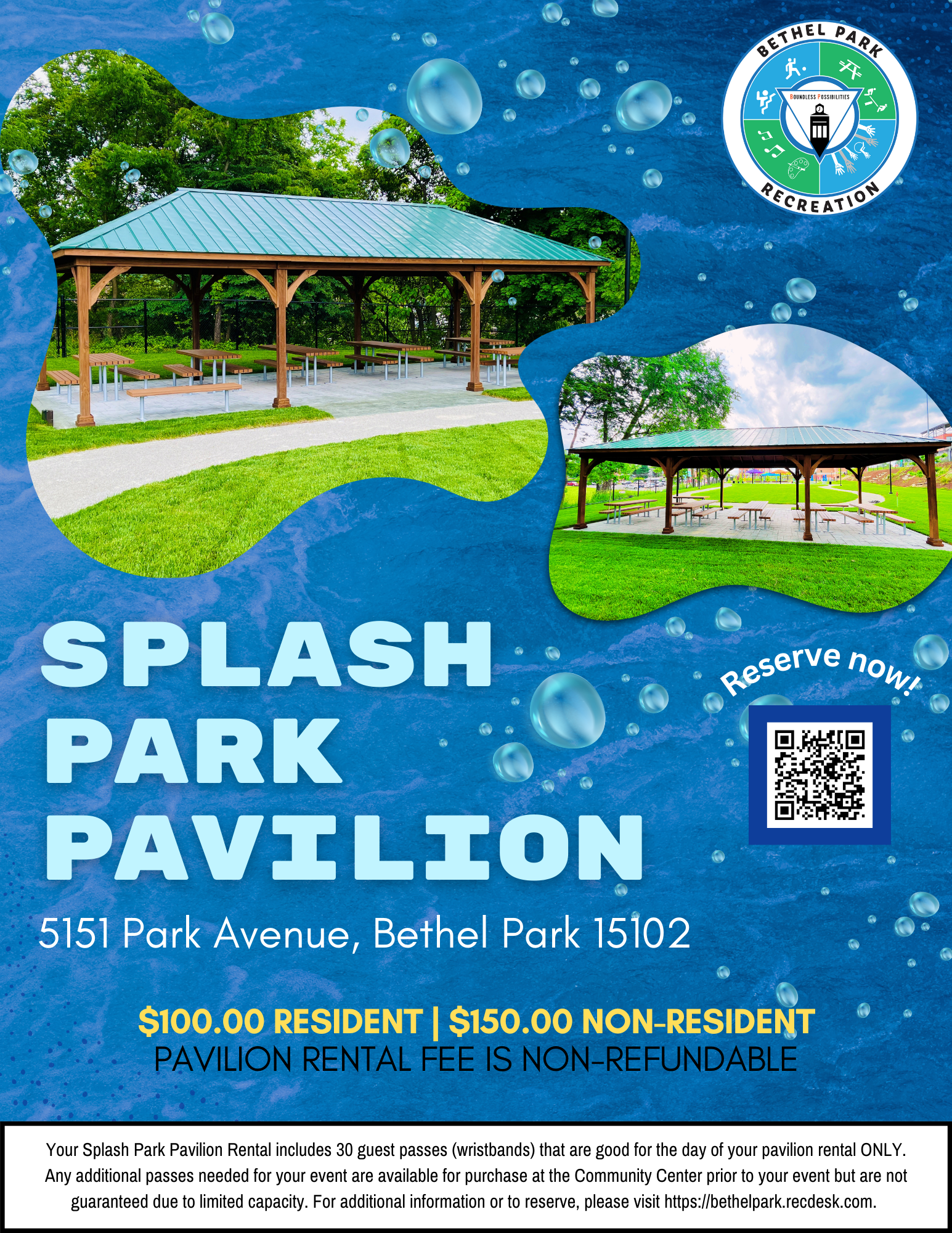 Splash Park Pavilion poster with green-roofed shelter, QR code, and event details on blue background