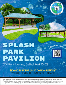 Splash Park Pavilion flyer with pavilion photos, blue bubbly background, pricing, address, and QR code